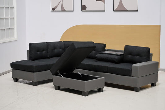 Western Grey Fabric Corner Sofa suite With Drop Down Cup Holder And Ottoman for livingrooms -Cheap sofas & couches-3020 (Grey Fabric, Right Hand Side)
