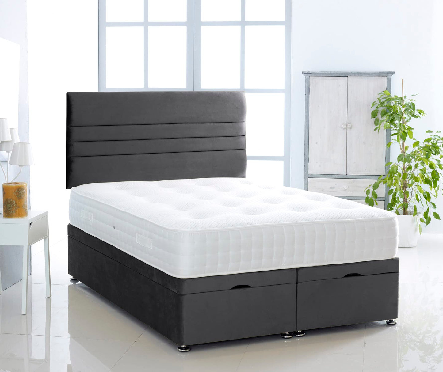 Plush Velvet Ottoman Divan Bed Foot Lift Open With 1000 Pocket Mattress And Horizontal Lined Headboard | Gas Lift Ottoman Storage Divan Bed Set (Silver, 5.0FT King Size)