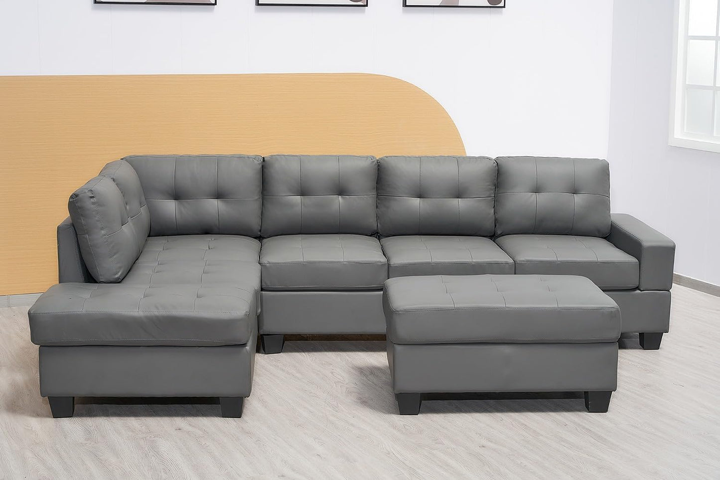 Western Grey Fabric Corner Sofa suite With Drop Down Cup Holder And Ottoman for livingrooms -Cheap sofas & couches-3020 (Grey Fabric, Right Hand Side)