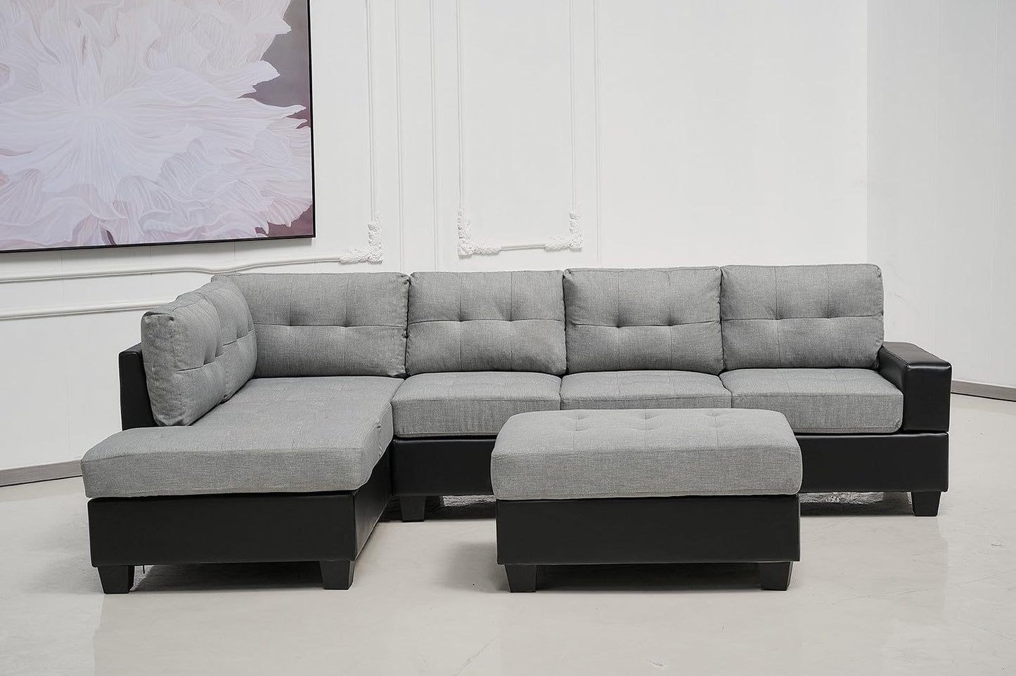 Western Grey Fabric Corner Sofa suite With Drop Down Cup Holder And Ottoman for livingrooms -Cheap sofas & couches-3020 (Grey Fabric, Right Hand Side)