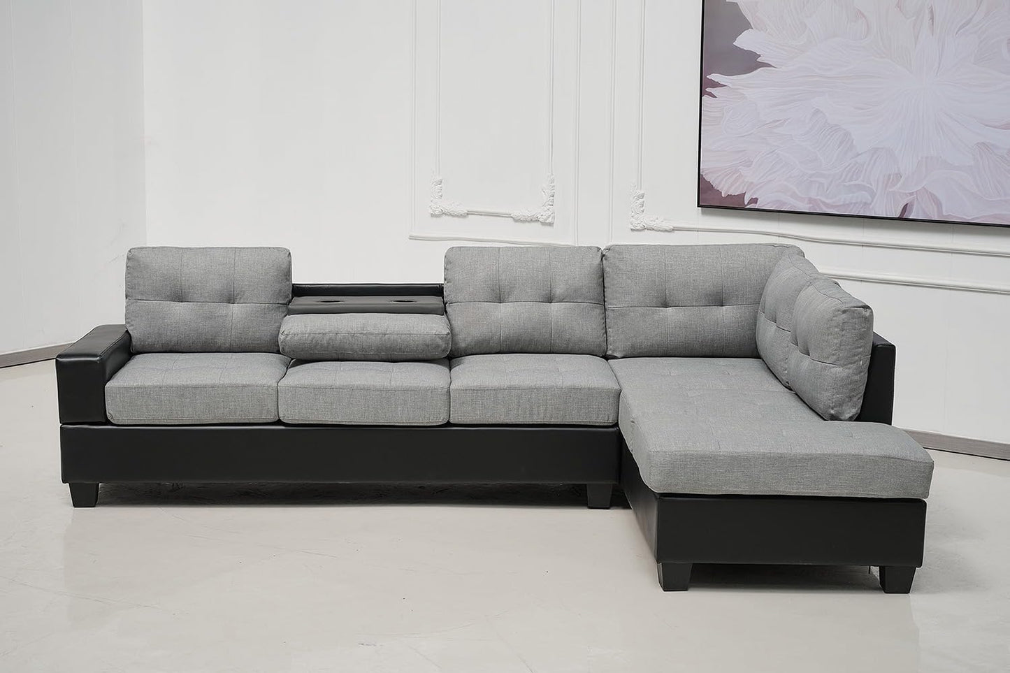 Western Grey Fabric Corner Sofa suite With Drop Down Cup Holder And Ottoman for livingrooms -Cheap sofas & couches-3020 (Grey Fabric, Right Hand Side)