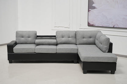 Western Grey Fabric Corner Sofa suite With Drop Down Cup Holder And Ottoman for livingrooms -Cheap sofas & couches-3020 (Grey Fabric, Right Hand Side)