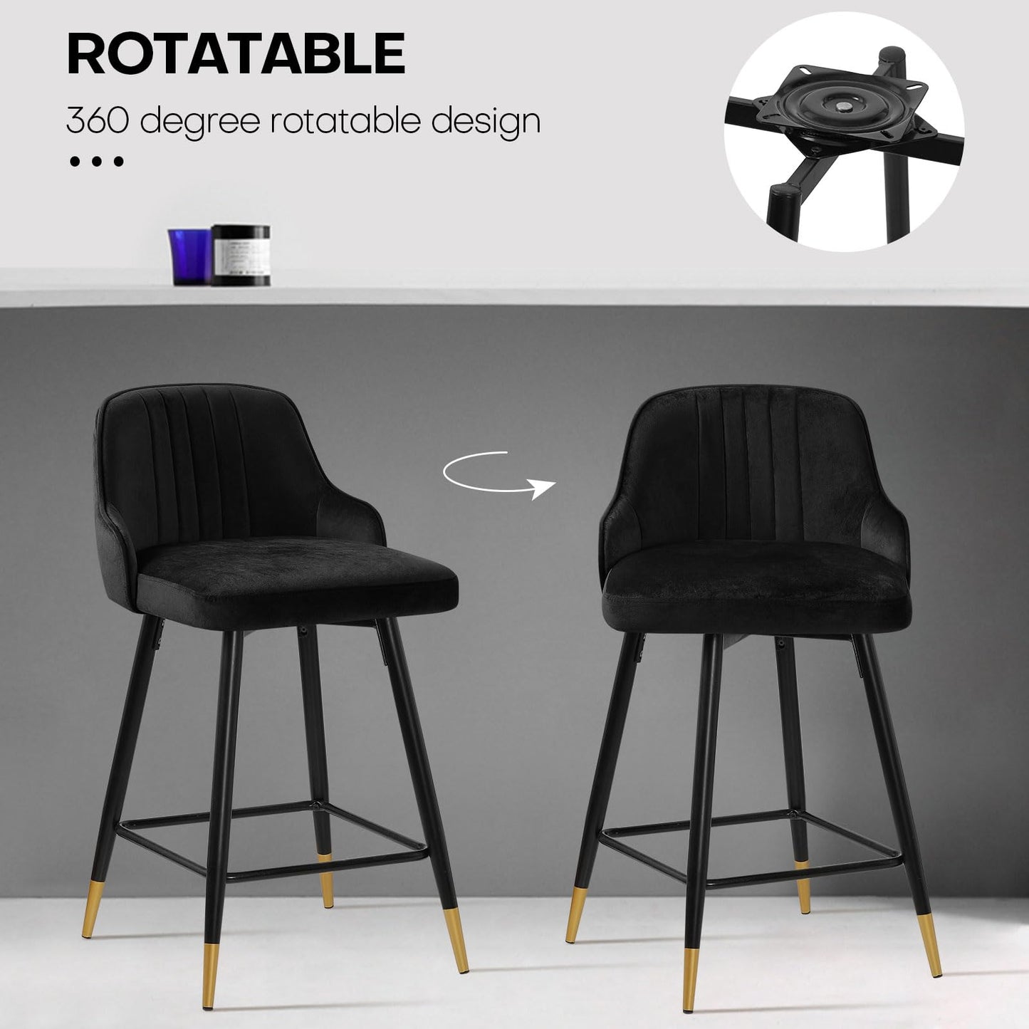 Bekrvio Upgraded Velvet Bar Stools Set of 2 – 360° Swivel Bar Chairs with Back & Footrest, Modern Kitchen Island Breakfast Stools, Support 150kg – New Version, Black
