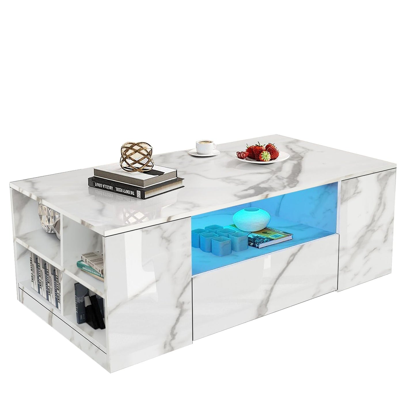 High Gloss Coffee Table, Coffee Table with Storage, Coffee Tables for Living Room with Led RGB Lights 2 Drawer Storage and Open Shelf Rectangle Centre Tea Table for Home Office Furniture, Grey