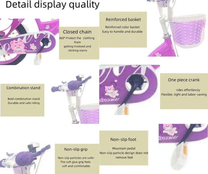 Girls Bike Purple, 12/14/16/18/20 Inch, Kids Bike, Purple Children's Bicycle, Kids Bicycle, Child Road Bike, Adjustable Bike 2-12 Years Old, Training Wheel, Stabilisers, Basket, Tool Kit