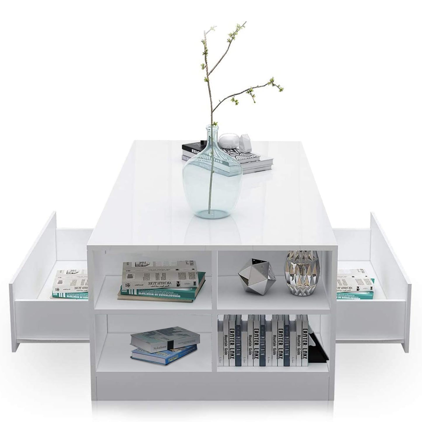 High Gloss Coffee Table, Coffee Table with Storage, Coffee Tables for Living Room with Led RGB Lights 2 Drawer Storage and Open Shelf Rectangle Centre Tea Table for Home Office Furniture, Grey