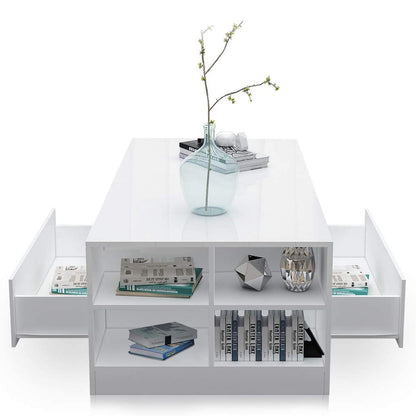 High Gloss Coffee Table, Coffee Table with Storage, Coffee Tables for Living Room with Led RGB Lights 2 Drawer Storage and Open Shelf Rectangle Centre Tea Table for Home Office Furniture, Grey