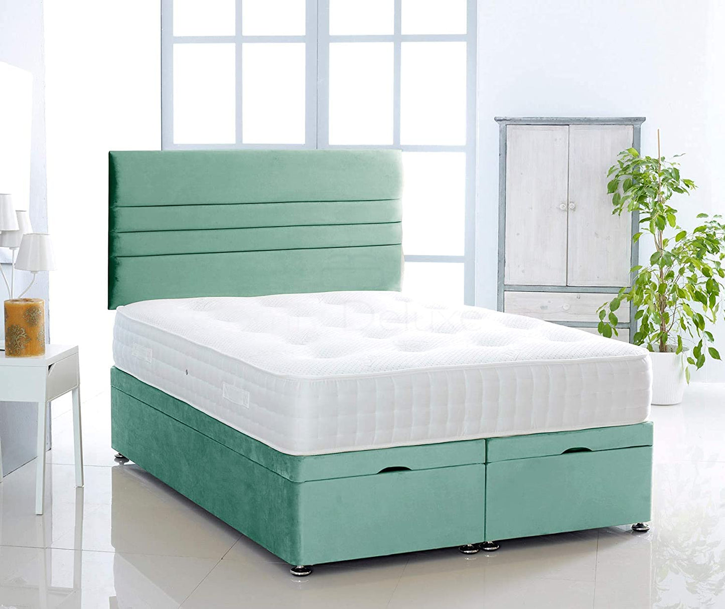 Plush Velvet Ottoman Divan Bed Foot Lift Open With 1000 Pocket Mattress And Horizontal Lined Headboard | Gas Lift Ottoman Storage Divan Bed Set (Silver, 5.0FT King Size)