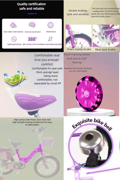 Girls Bike Purple, 12/14/16/18/20 Inch, Kids Bike, Purple Children's Bicycle, Kids Bicycle, Child Road Bike, Adjustable Bike 2-12 Years Old, Training Wheel, Stabilisers, Basket, Tool Kit
