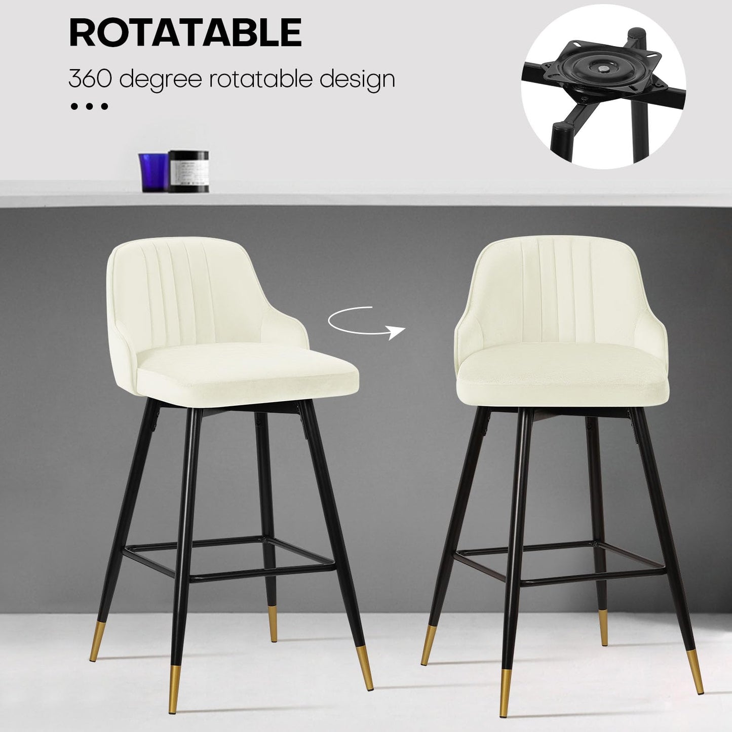 Bekrvio Upgraded Velvet Bar Stools Set of 2 – 360° Swivel Bar Chairs with Back & Footrest, Modern Kitchen Island Breakfast Stools, Support 150kg – New Version, Black