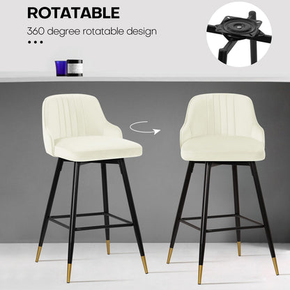 Bekrvio Upgraded Velvet Bar Stools Set of 2 – 360° Swivel Bar Chairs with Back & Footrest, Modern Kitchen Island Breakfast Stools, Support 150kg – New Version, Black