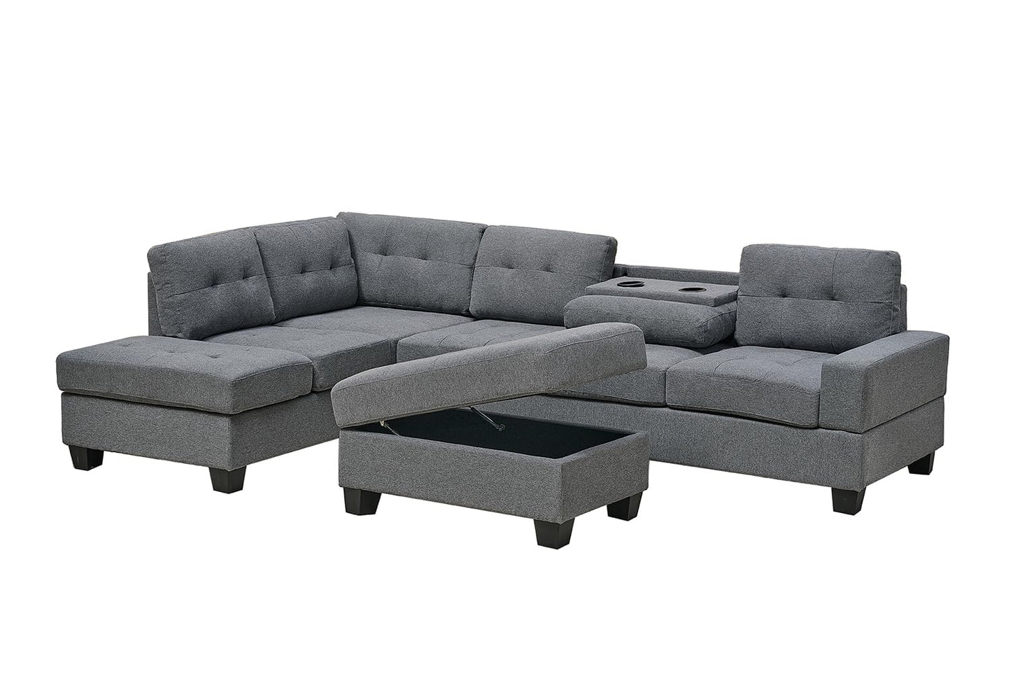 Western Grey Fabric Corner Sofa suite With Drop Down Cup Holder And Ottoman for livingrooms -Cheap sofas & couches-3020 (Grey Fabric, Right Hand Side)
