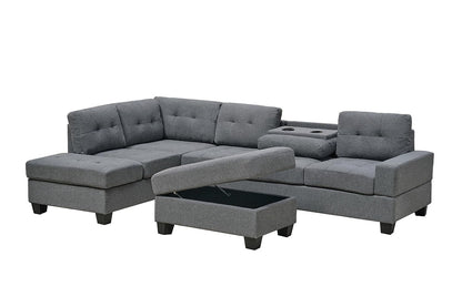 Western Grey Fabric Corner Sofa suite With Drop Down Cup Holder And Ottoman for livingrooms -Cheap sofas & couches-3020 (Grey Fabric, Right Hand Side)