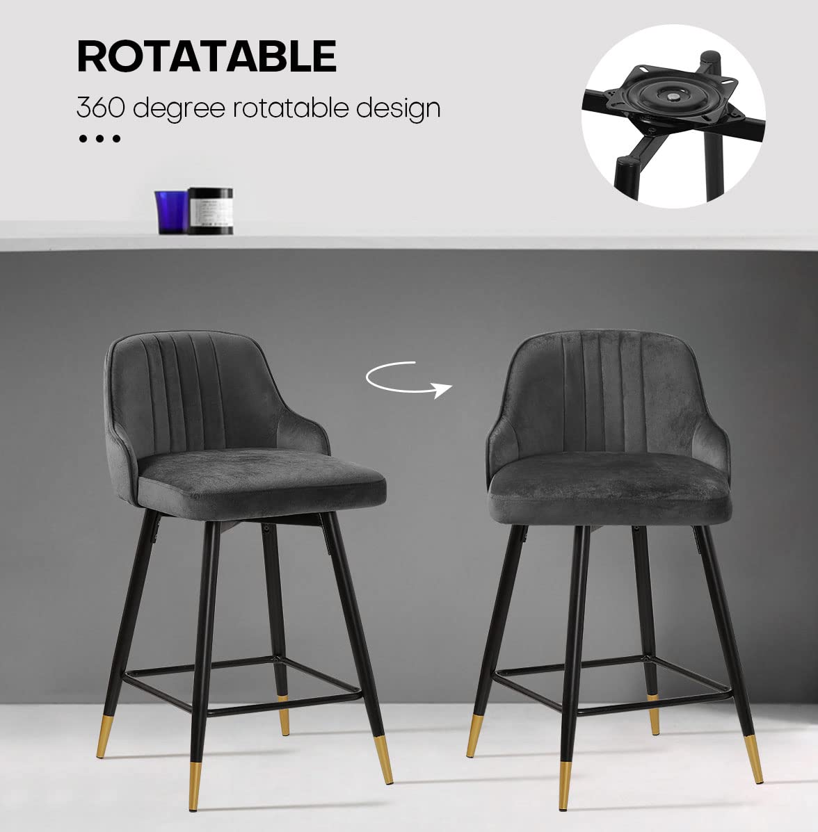 Bekrvio Upgraded Velvet Bar Stools Set of 2 – 360° Swivel Bar Chairs with Back & Footrest, Modern Kitchen Island Breakfast Stools, Support 150kg – New Version, Black