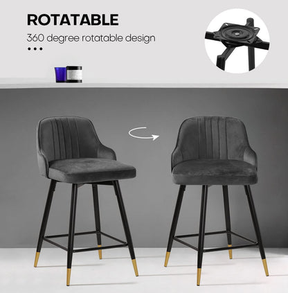 Bekrvio Upgraded Velvet Bar Stools Set of 2 – 360° Swivel Bar Chairs with Back & Footrest, Modern Kitchen Island Breakfast Stools, Support 150kg – New Version, Black