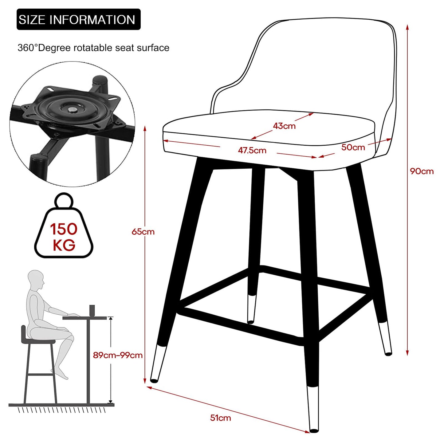 Bekrvio Upgraded Velvet Bar Stools Set of 2 – 360° Swivel Bar Chairs with Back & Footrest, Modern Kitchen Island Breakfast Stools, Support 150kg – New Version, Black