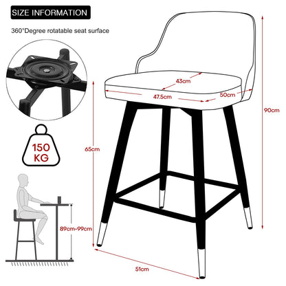 Bekrvio Upgraded Velvet Bar Stools Set of 2 – 360° Swivel Bar Chairs with Back & Footrest, Modern Kitchen Island Breakfast Stools, Support 150kg – New Version, Black