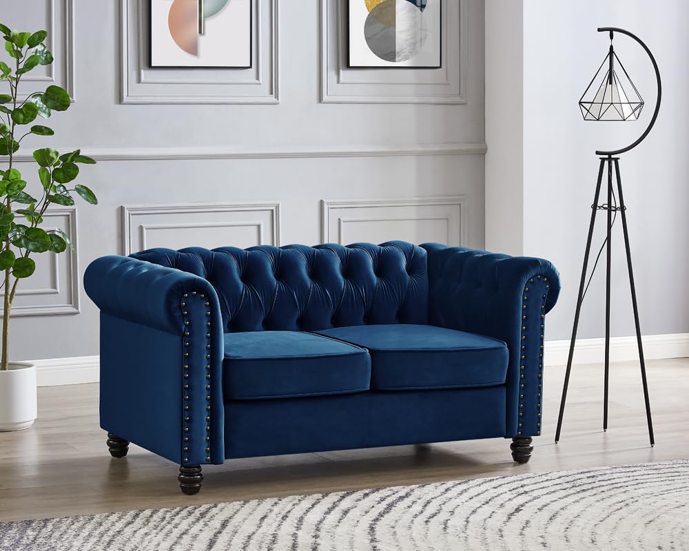 Chesterfield Sofa Velvet Upholstered Couch in 2 Seater or 3 Seater Fabric Sofa in Grey, Blue, Black, Green, Gold (2 Seater, Black)