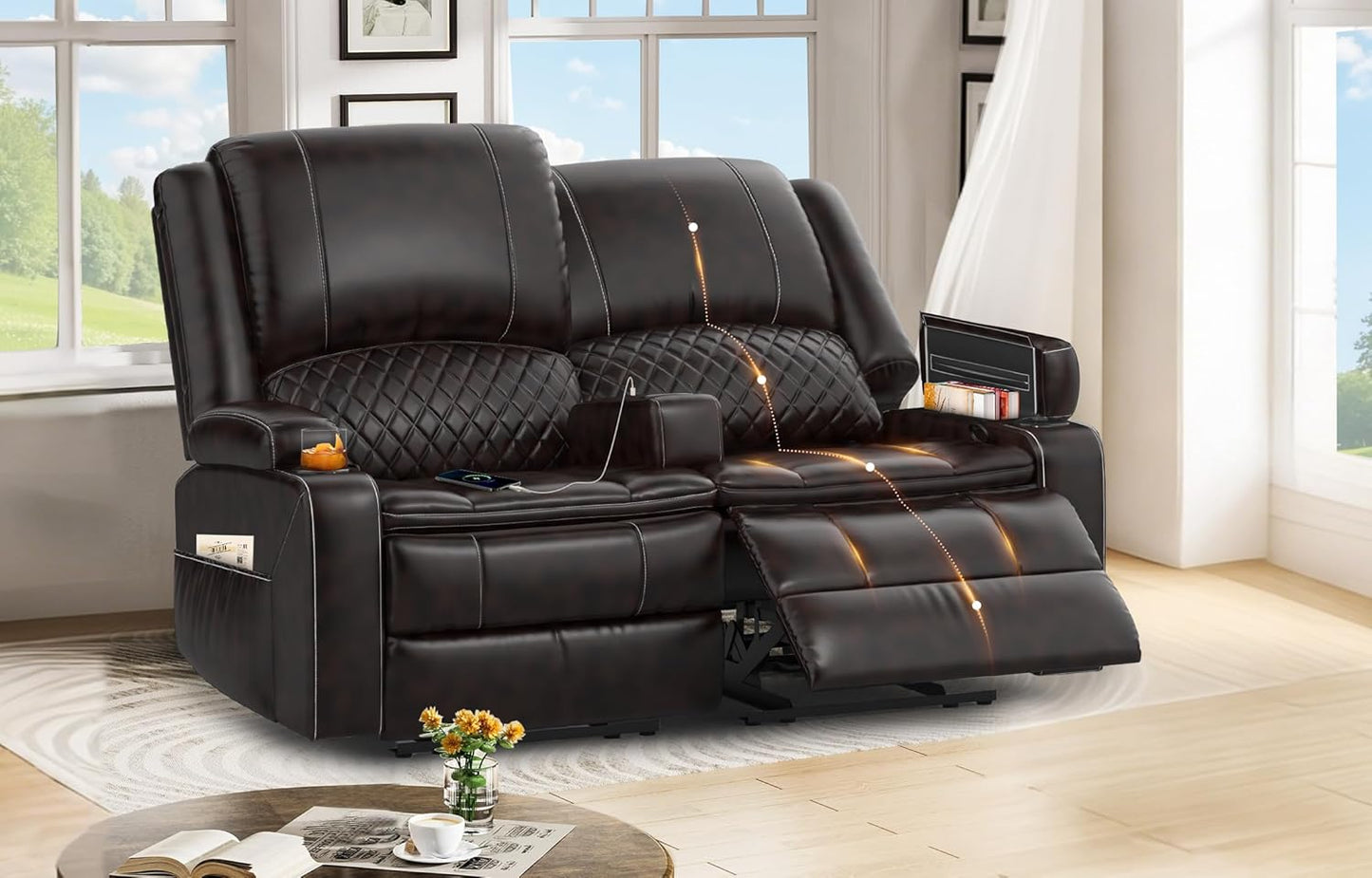 2 Seat Recliner Sofa, Reclining Loveseat with USB Charge Ports, 3 Cup Holders, 2 Side storage Pockets Recliner Love Seat Couches for Living Room, RV