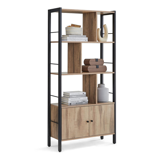 VASAGLE Bookshelf, Storage Shelf, Large Bookcase with Doors, 4 Shelves, Stable Steel Structure, Industrial Style, for Living Room, Office, Rustic Brown and Ink Black LBC022B01