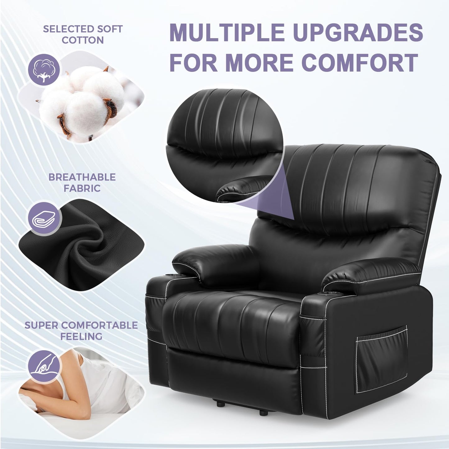 BareTay Recliner Armchair Electric Lift Chair with Massage & Heat, Extended Footrest, Oversized Riser Reclining Chair Lounge Sofa with Type C+USB, 2 Drink Holders, 4 Side Pockets