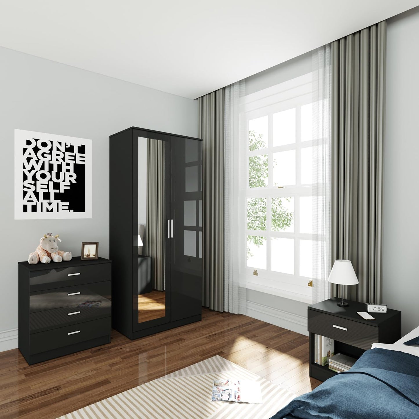 ELEGANT 3 Pieces Bedroom Furniture Sets High Gloss Soft Close Wardrobe with Mirror + 4 Storage Drawer Chest of Drawers Bedside Cabinet, Black and Set