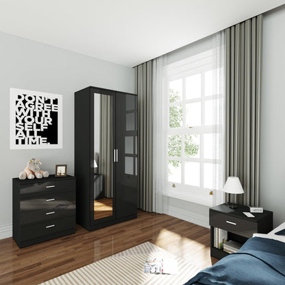 ELEGANT 3 Pieces Bedroom Furniture Sets High Gloss Soft Close Wardrobe with Mirror + 4 Storage Drawer Chest of Drawers Bedside Cabinet, Black and Set