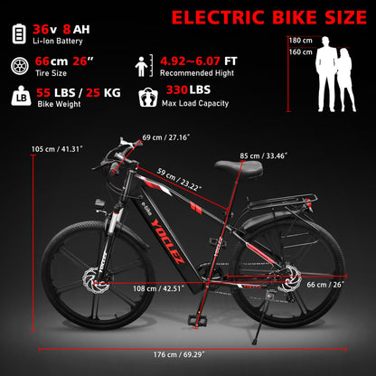 GSOU 26" Electric Bikes for Adults. 2603 E-Bike with 250W High-Speed Mid-Drive Brushless Motor. Electric Bicycle Built-in 36V-10.4AH Removable Li-Ion Battery, 27-Speed, LCD Display, Dual Disc Brake