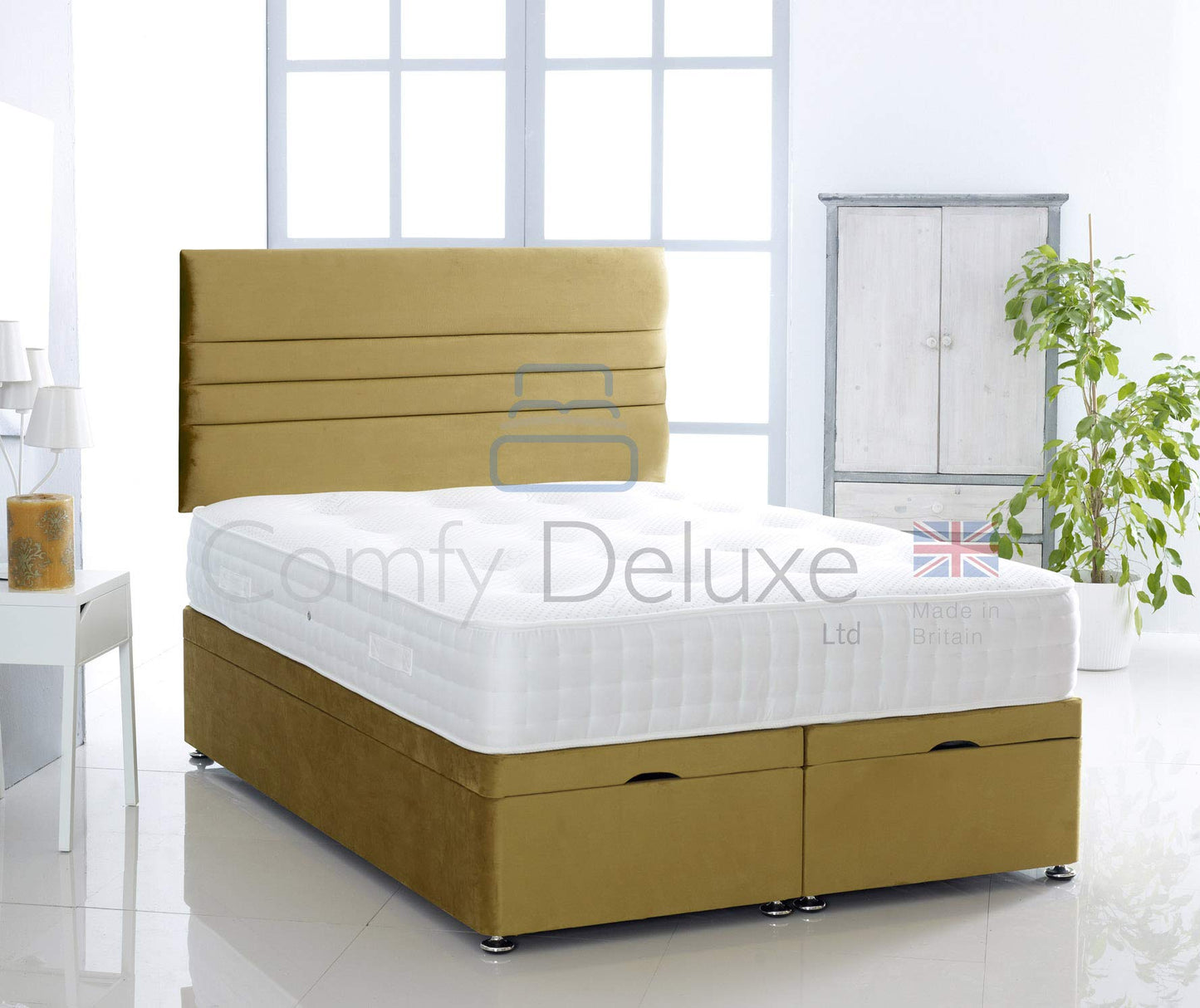 Plush Velvet Ottoman Divan Bed Foot Lift Open With 1000 Pocket Mattress And Horizontal Lined Headboard | Gas Lift Ottoman Storage Divan Bed Set (Silver, 5.0FT King Size)