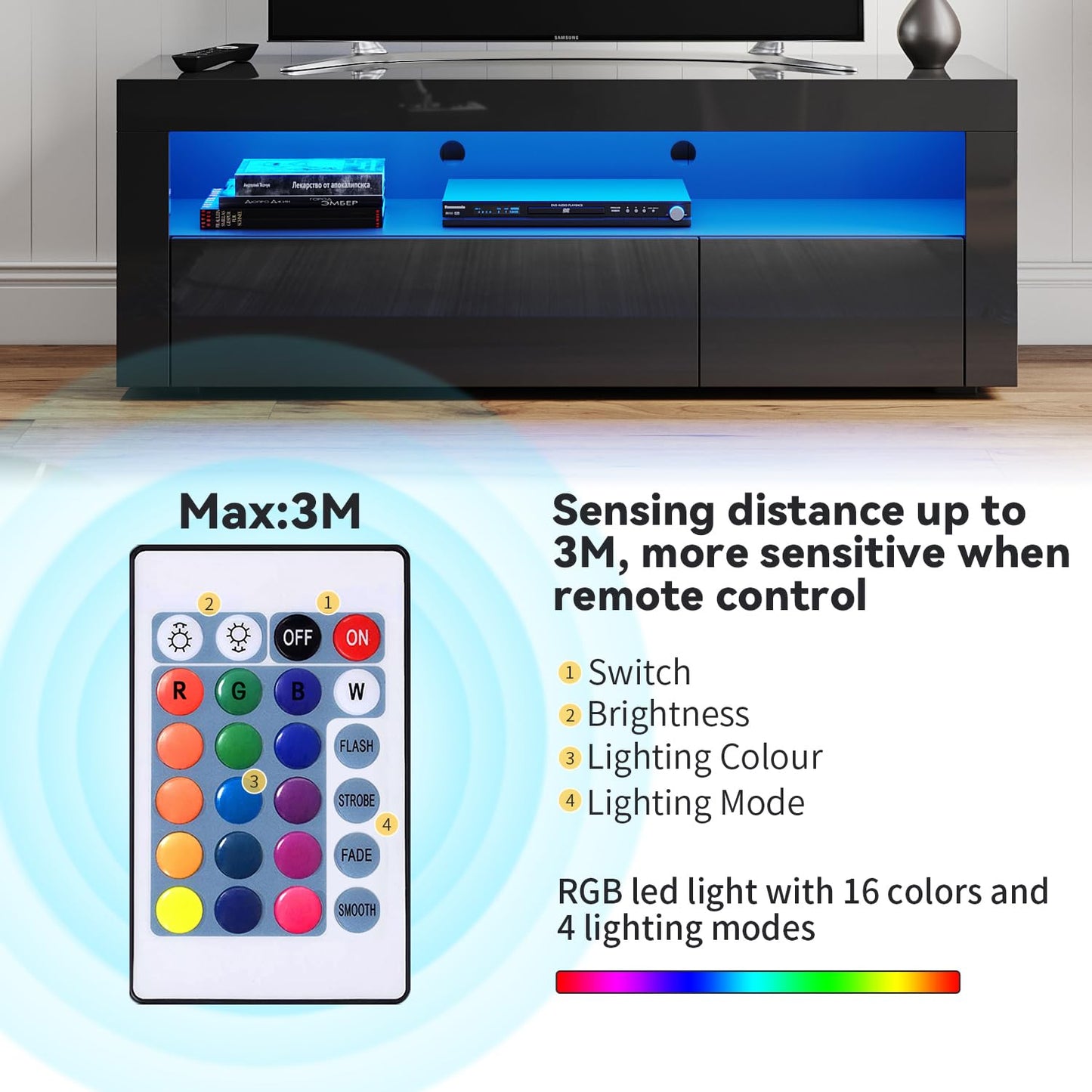 ELEGANT 1200mm LED TV Cabinet Modern White Gloss TV Stand with Ambient Lights for Living Room and Bedroom with Storage Furniture for 32 40 43 50 inch 4k TV