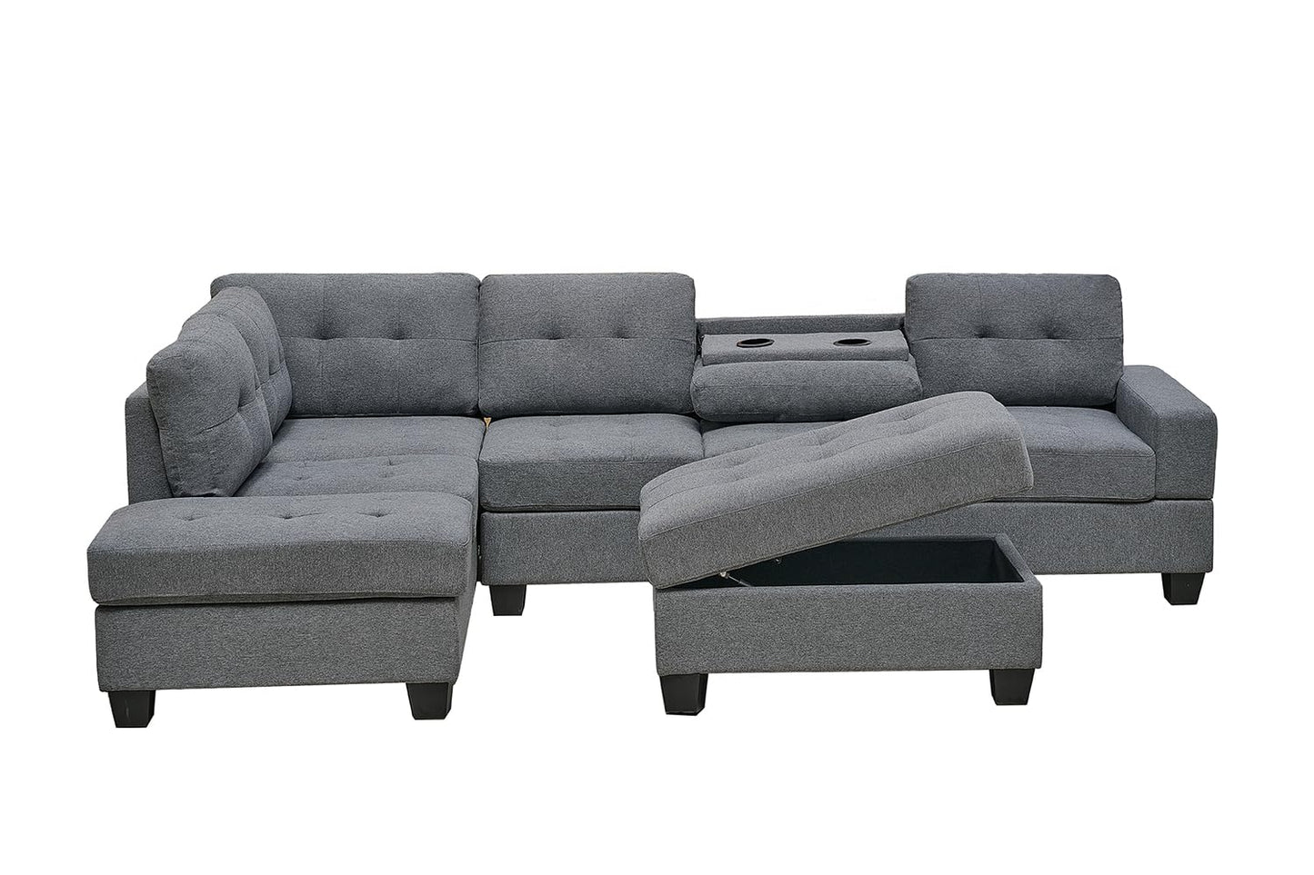 Western Grey Fabric Corner Sofa suite With Drop Down Cup Holder And Ottoman for livingrooms -Cheap sofas & couches-3020 (Grey Fabric, Right Hand Side)