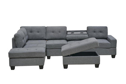 Western Grey Fabric Corner Sofa suite With Drop Down Cup Holder And Ottoman for livingrooms -Cheap sofas & couches-3020 (Grey Fabric, Right Hand Side)