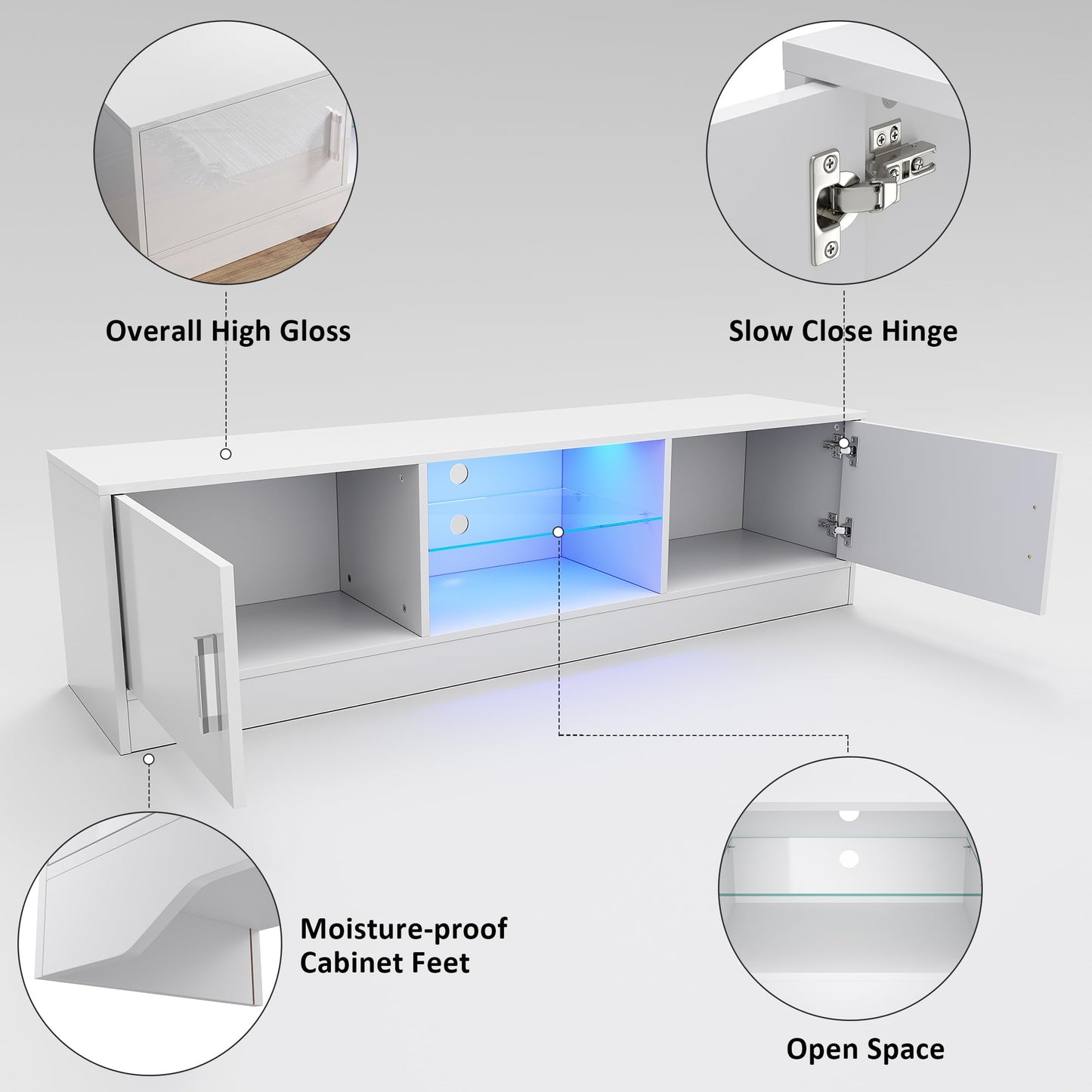 ELEGANT 1200mm LED TV Cabinet Modern White Gloss TV Stand with Ambient Lights for Living Room and Bedroom with Storage Furniture for 32 40 43 50 inch 4k TV
