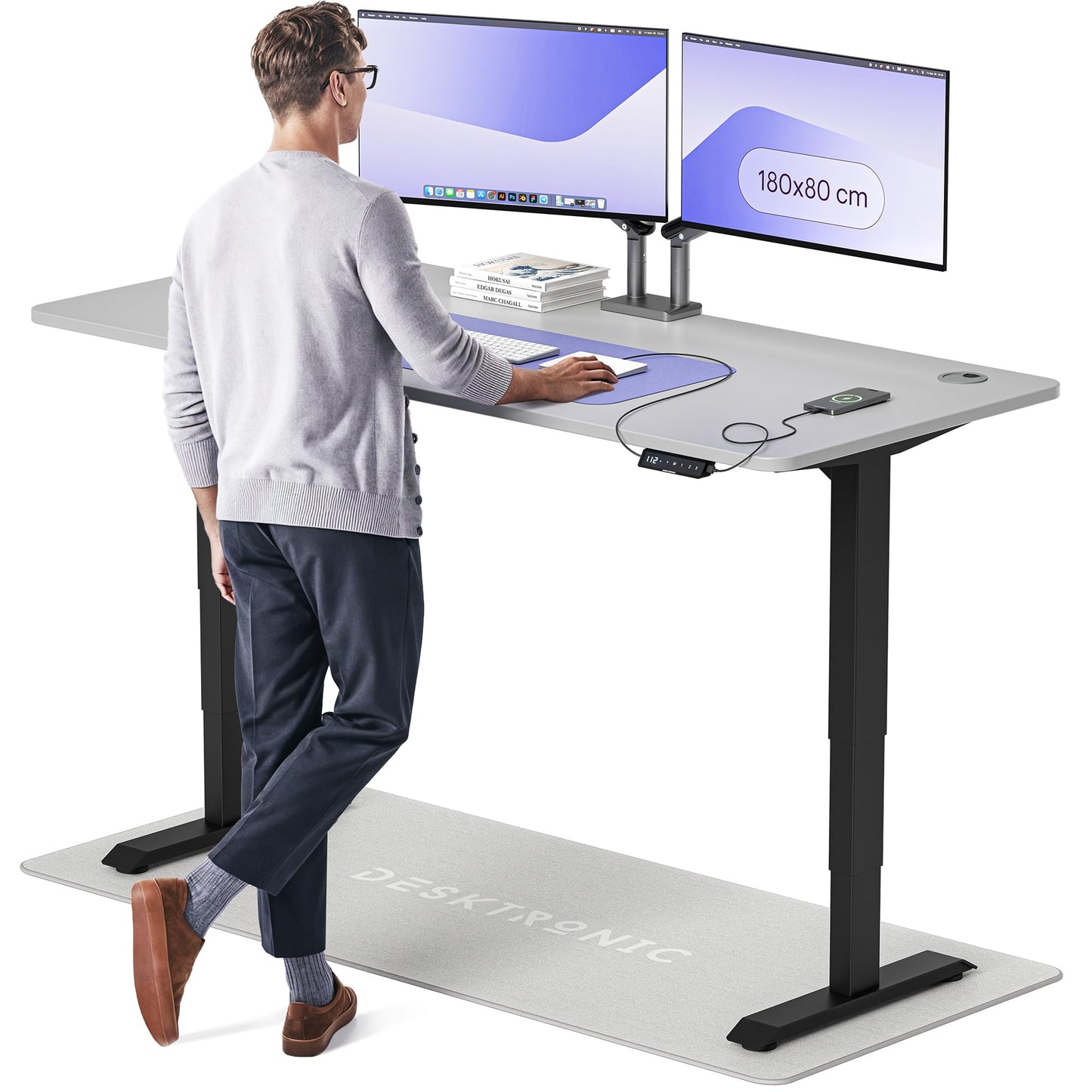 Height-Adjustable Desk 180 x 80cm - Standing Desk - Integrated USB/USB-C - 3 Memory Presets - Dual Motor Electric Touchscreen Stand Up Table - Great Gift for Smart Home Solutions