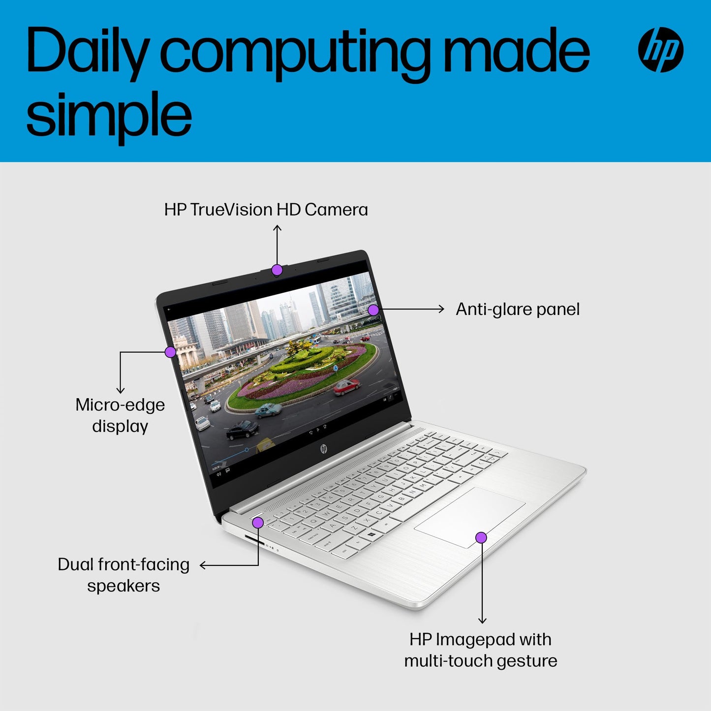HP 14" Laptop, Intel Core i3-1215U Processor, 8 GB RAM, 256 GB SSD, Intel UHD Graphics, FHD Display, Up to 8hrs battery, Win 11, Dual Speakers, Natural Silver, 14s-dq5003sa