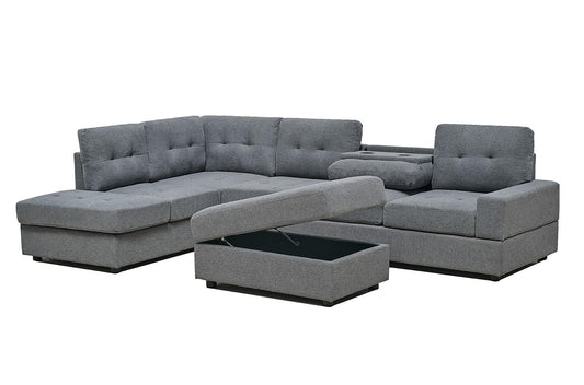 Western Grey Fabric Corner Sofa suite With Drop Down Cup Holder And Ottoman for livingrooms -Cheap sofas & couches-3020 (Grey Fabric, Right Hand Side)