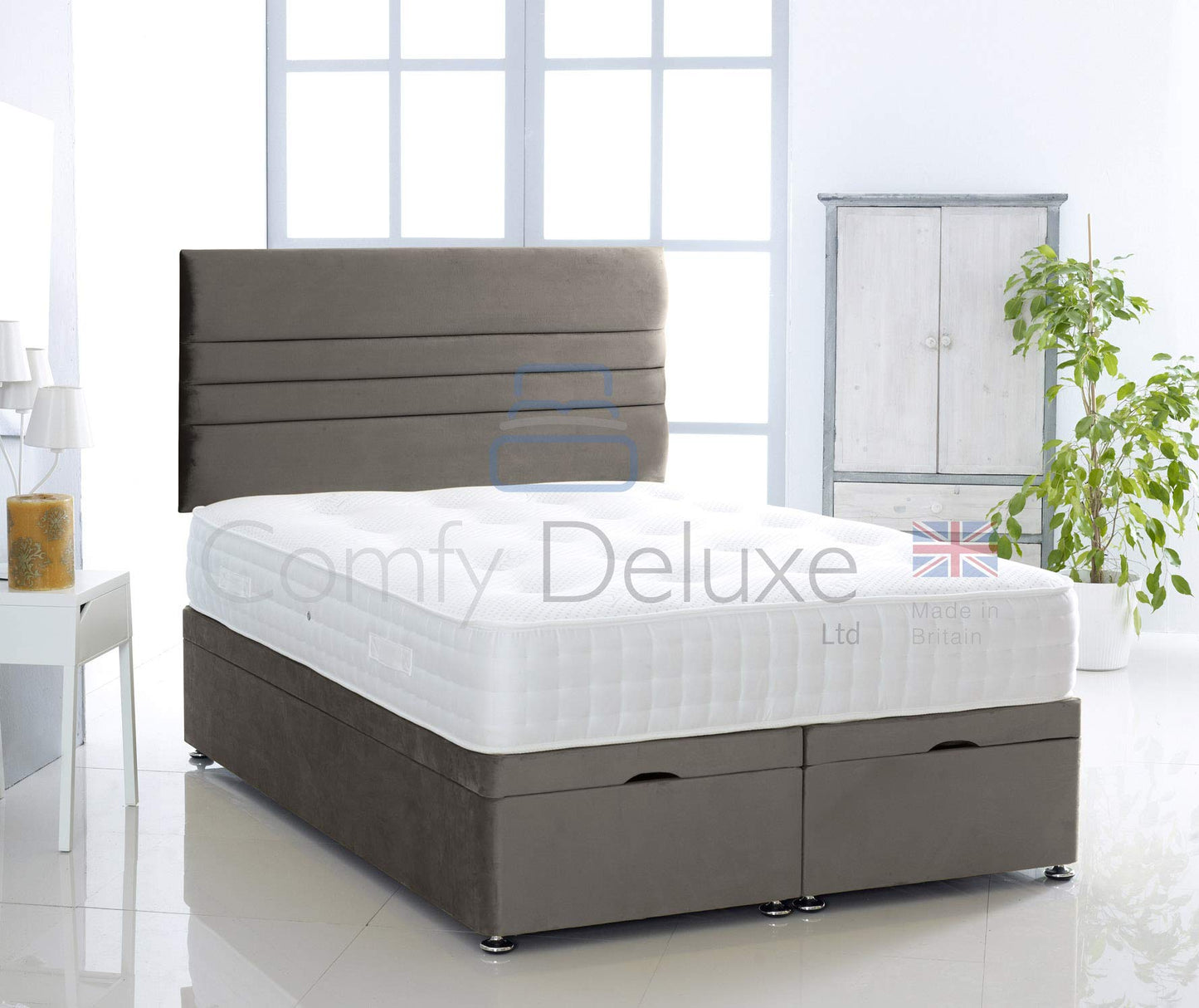 Plush Velvet Ottoman Divan Bed Foot Lift Open With 1000 Pocket Mattress And Horizontal Lined Headboard | Gas Lift Ottoman Storage Divan Bed Set (Silver, 5.0FT King Size)