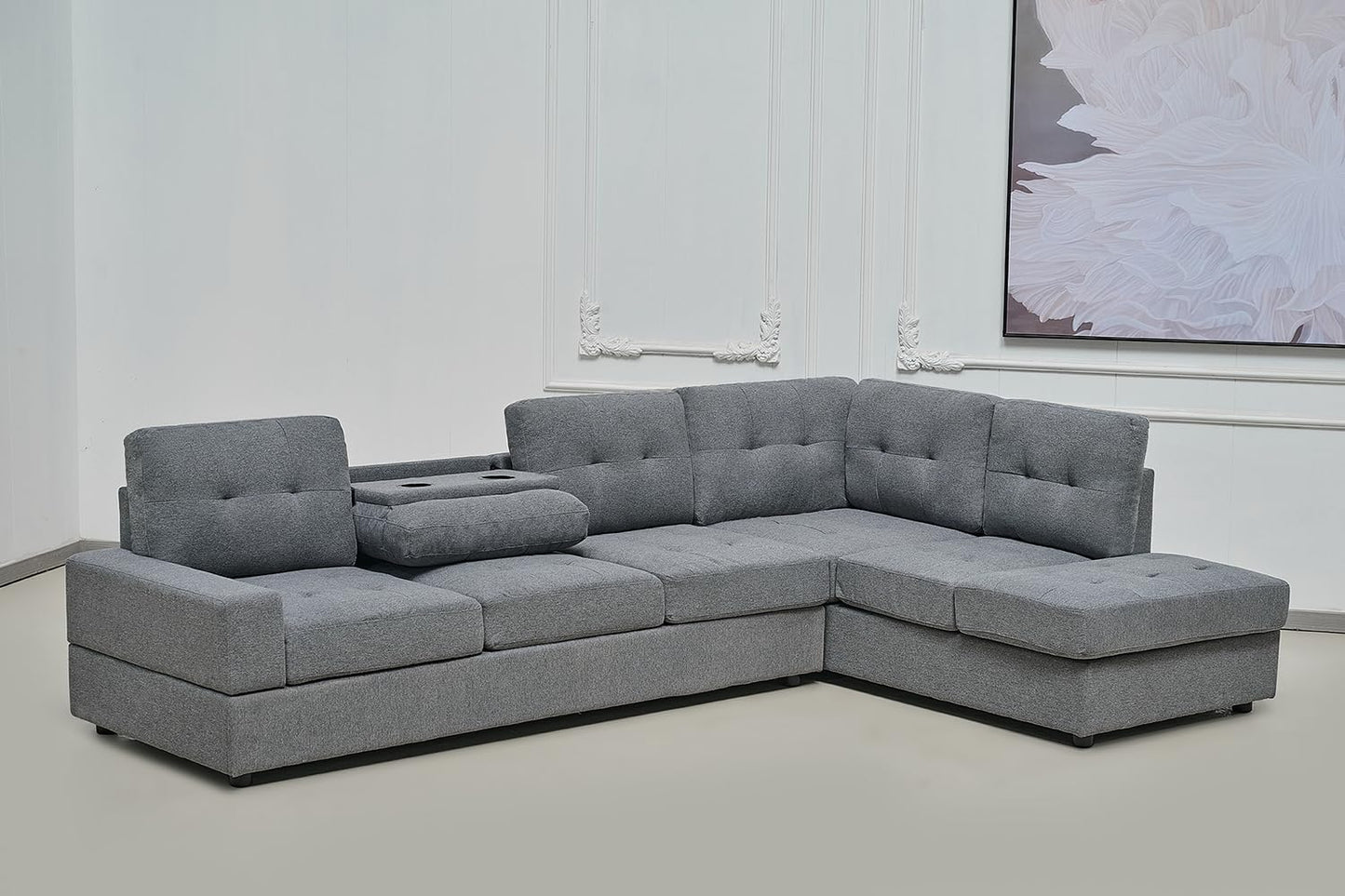 Western Grey Fabric Corner Sofa suite With Drop Down Cup Holder And Ottoman for livingrooms -Cheap sofas & couches-3020 (Grey Fabric, Right Hand Side)
