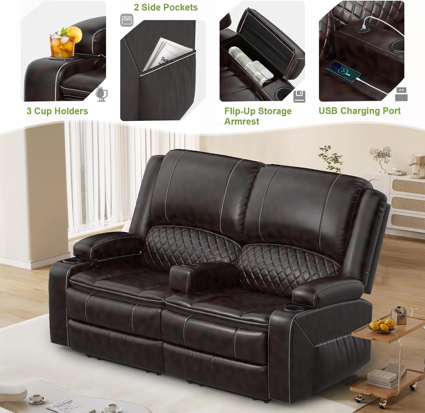 2 Seat Recliner Sofa, Reclining Loveseat with USB Charge Ports, 3 Cup Holders, 2 Side storage Pockets Recliner Love Seat Couches for Living Room, RV