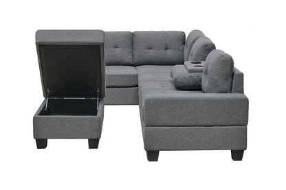 Western Grey Fabric Corner Sofa suite With Drop Down Cup Holder And Ottoman for livingrooms -Cheap sofas & couches-3020 (Grey Fabric, Right Hand Side)