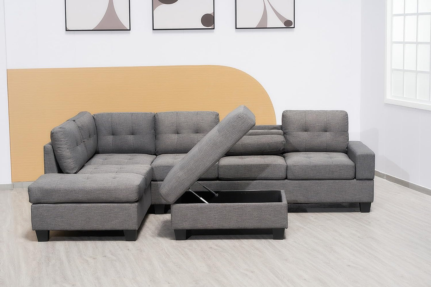 Western Grey Fabric Corner Sofa suite With Drop Down Cup Holder And Ottoman for livingrooms -Cheap sofas & couches-3020 (Grey Fabric, Right Hand Side)