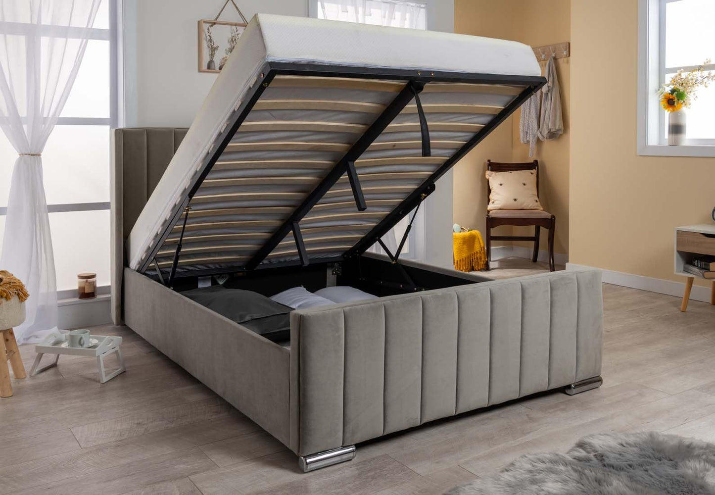 Wing Panel Ottoman Storage Bed (Gas Lift), Sleep Factorys Madison Steel Plush Velvet Upholstered Bed Frame - 6ft Super King (180 x 200 cm)