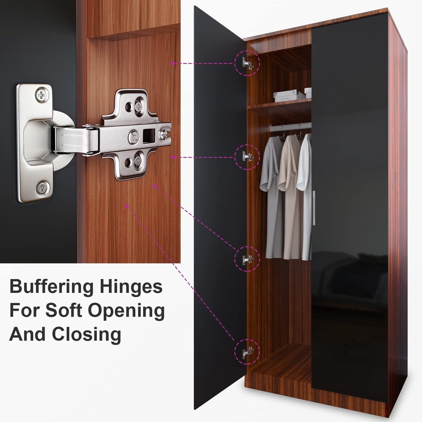 ELEGANT 3 Pieces Bedroom Furniture Sets High Gloss Soft Close Wardrobe with Mirror + 4 Storage Drawer Chest of Drawers Bedside Cabinet, Black and Set
