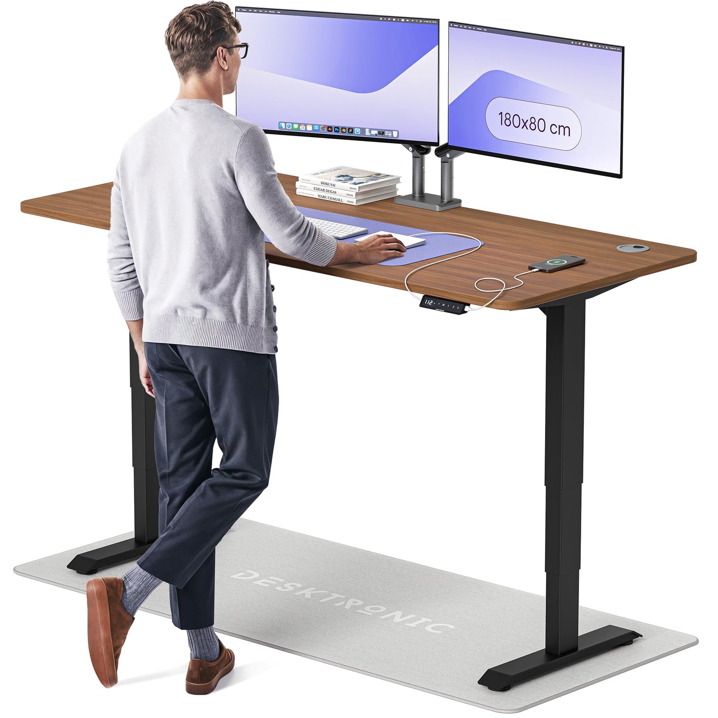 Height-Adjustable Desk 180 x 80cm - Standing Desk - Integrated USB/USB-C - 3 Memory Presets - Dual Motor Electric Touchscreen Stand Up Table - Great Gift for Smart Home Solutions