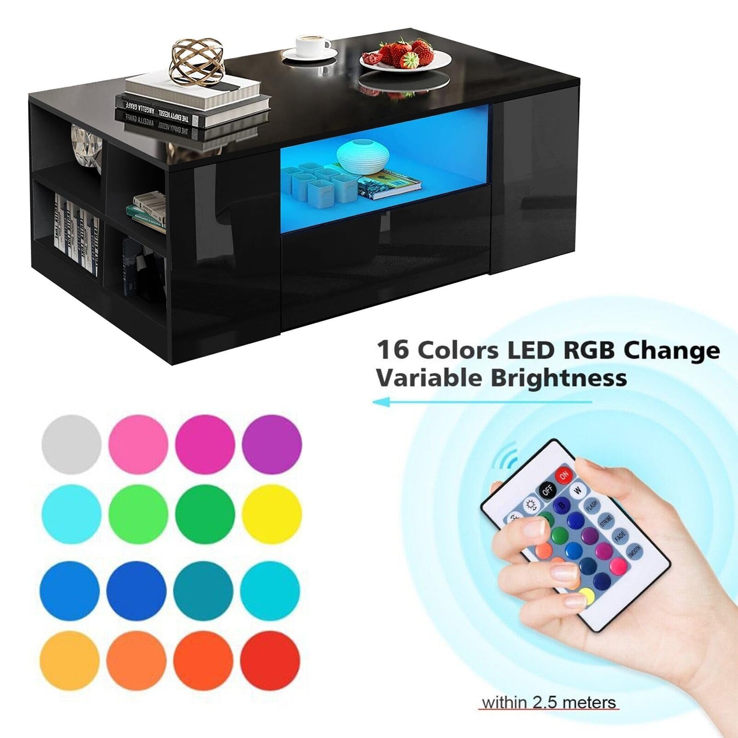 High Gloss Coffee Table, Coffee Table with Storage, Coffee Tables for Living Room with Led RGB Lights 2 Drawer Storage and Open Shelf Rectangle Centre Tea Table for Home Office Furniture, Grey