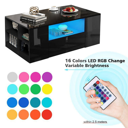 High Gloss Coffee Table, Coffee Table with Storage, Coffee Tables for Living Room with Led RGB Lights 2 Drawer Storage and Open Shelf Rectangle Centre Tea Table for Home Office Furniture, Grey