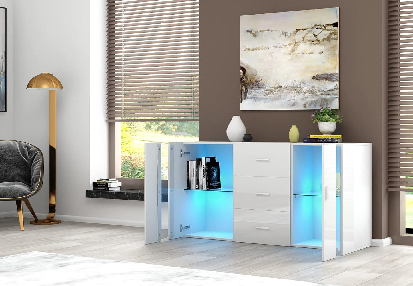 Panana Sideboard Modern Living Room Cupboard Unit Cabinet Furniture 2 Doors 3 Drawers LxDxH 135x32x70cm (White)