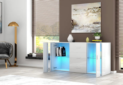 Panana Sideboard Modern Living Room Cupboard Unit Cabinet Furniture 2 Doors 3 Drawers LxDxH 135x32x70cm (White)