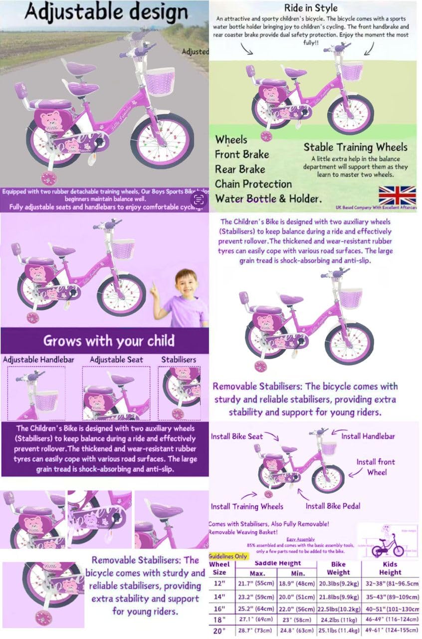 Girls Bike Purple, 12/14/16/18/20 Inch, Kids Bike, Purple Children's Bicycle, Kids Bicycle, Child Road Bike, Adjustable Bike 2-12 Years Old, Training Wheel, Stabilisers, Basket, Tool Kit