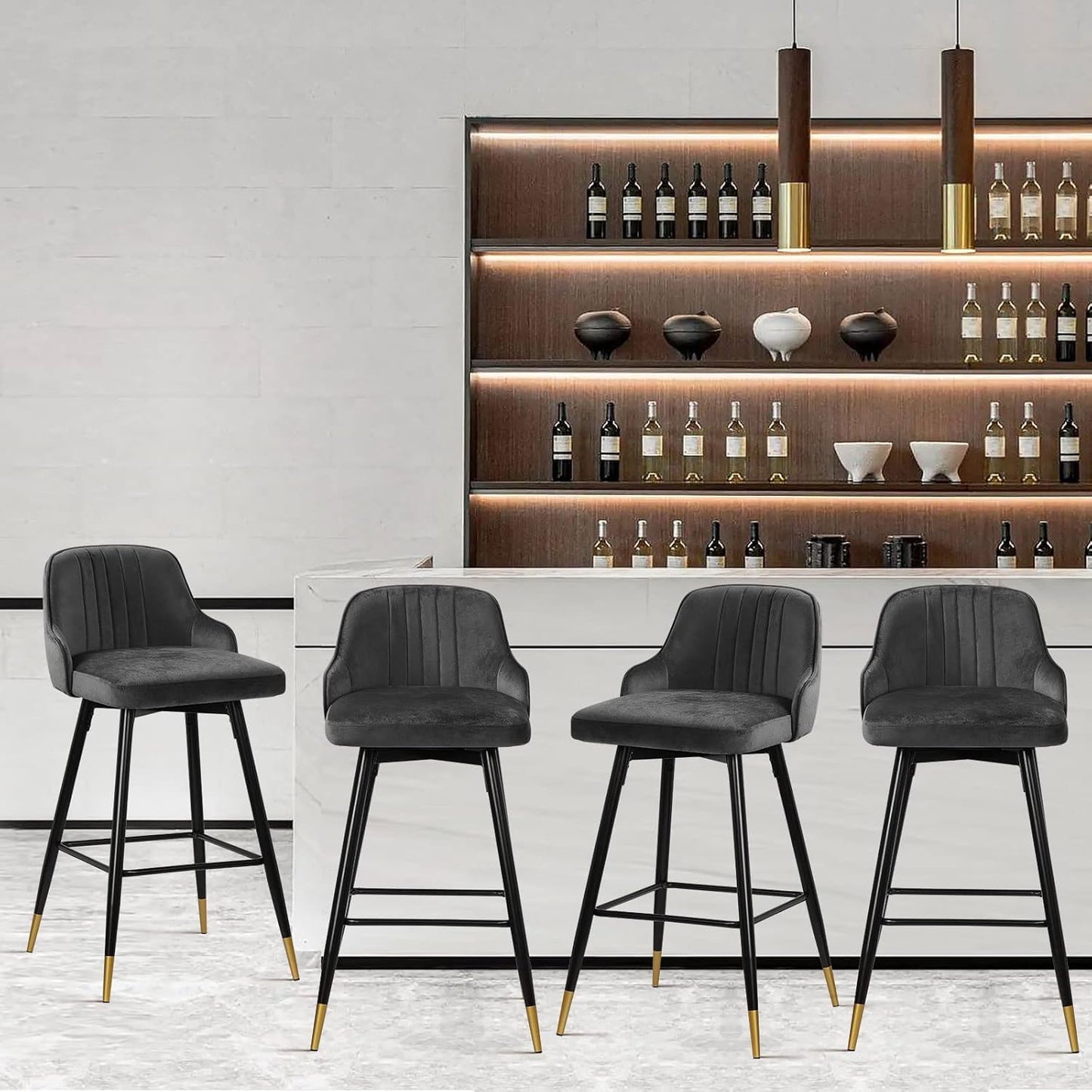 Bekrvio Upgraded Velvet Bar Stools Set of 2 – 360° Swivel Bar Chairs with Back & Footrest, Modern Kitchen Island Breakfast Stools, Support 150kg – New Version, Black